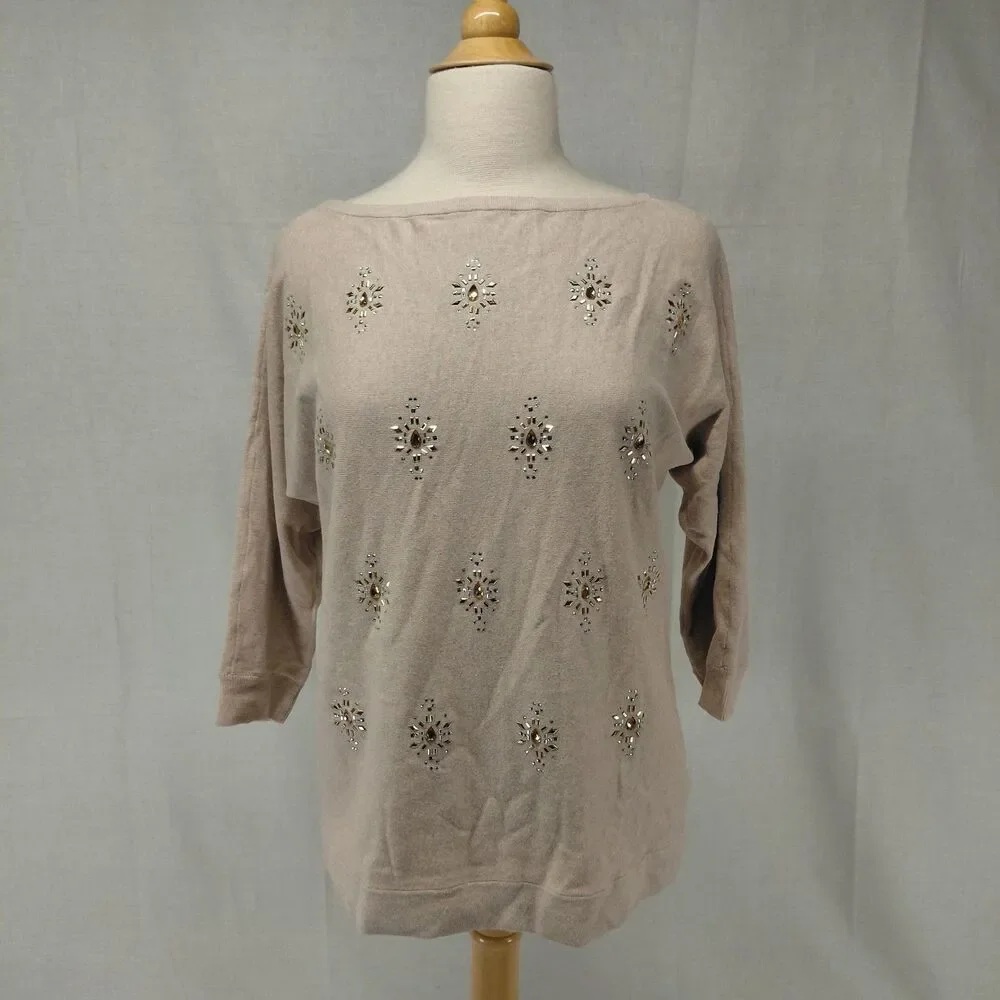 White House Black Market boat neck jeweled 3/4 sleeve sweater SZ M - Picture 2 of 9